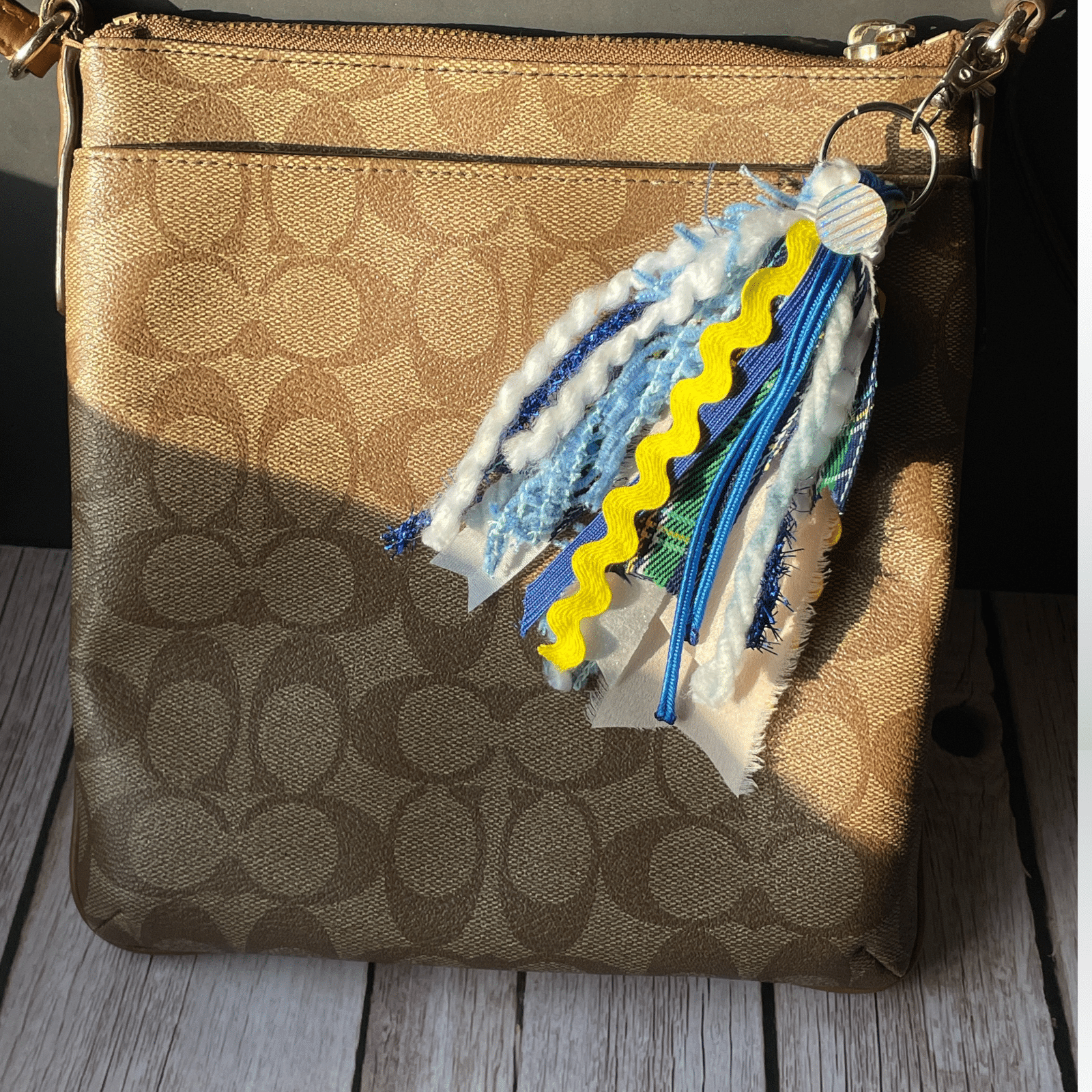 Blue Yellow keychain on purse
