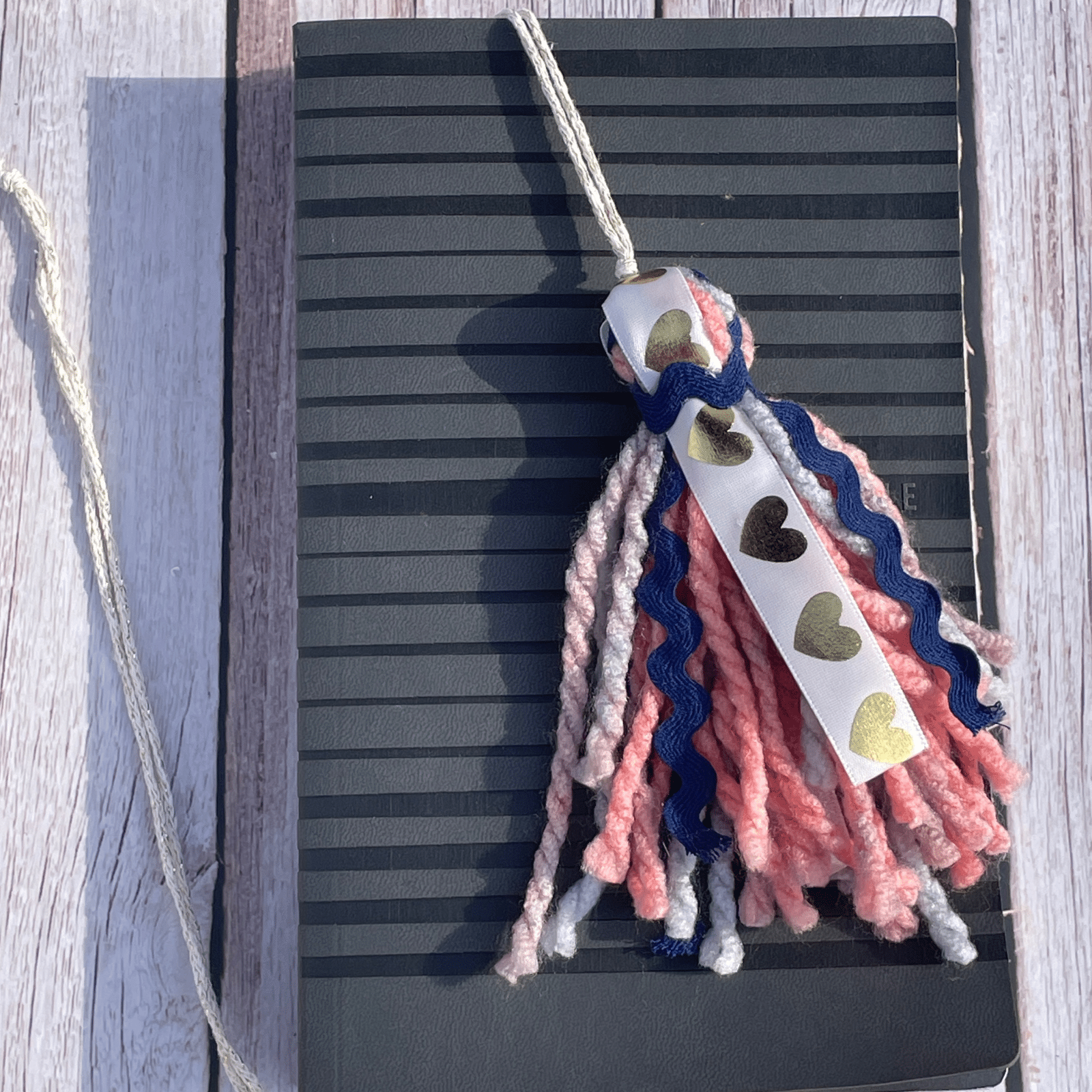 Book-Lovers Bookmark Tassel - Navy with Hearts