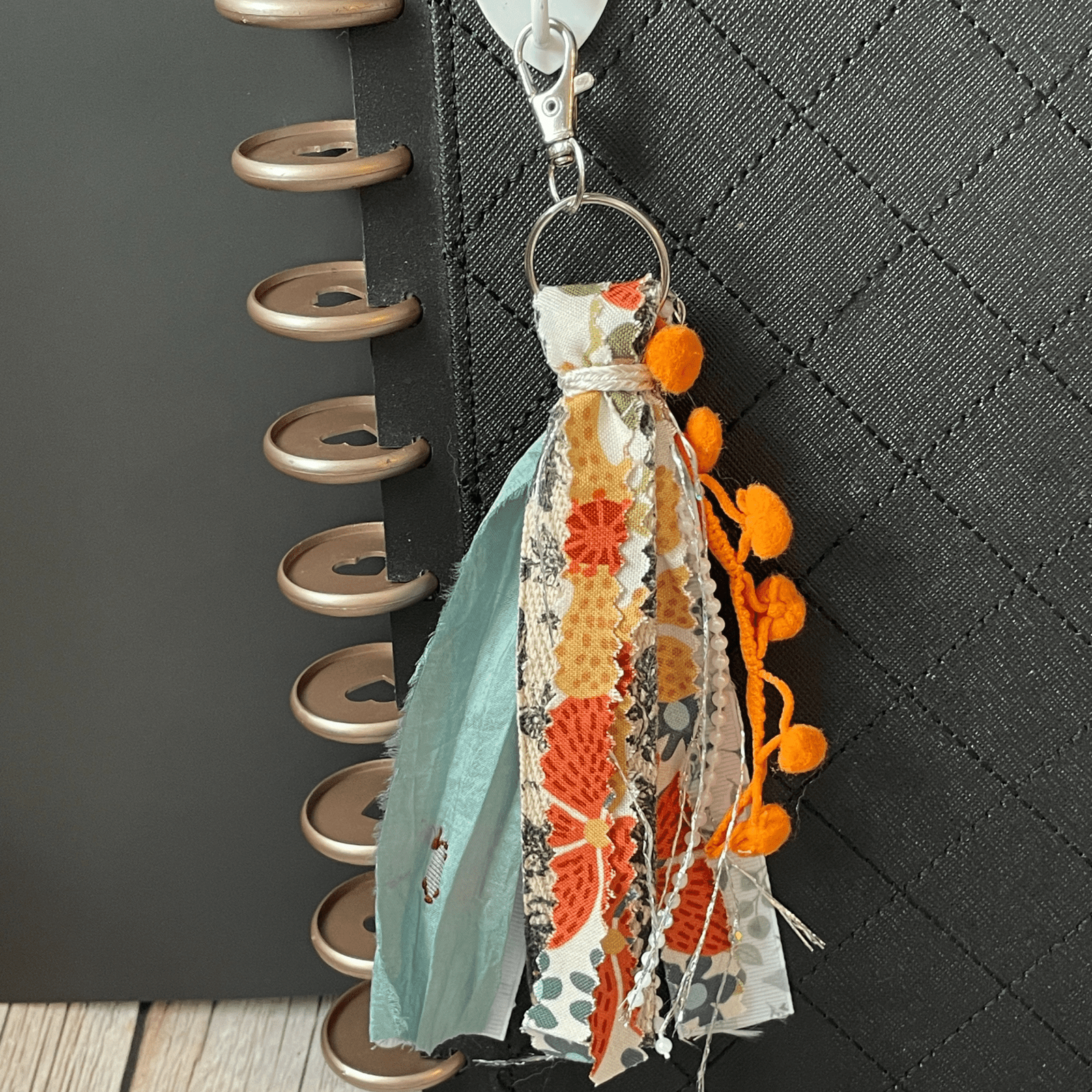 Ribbon & Fabric Keychain Accessory, Orange Floral